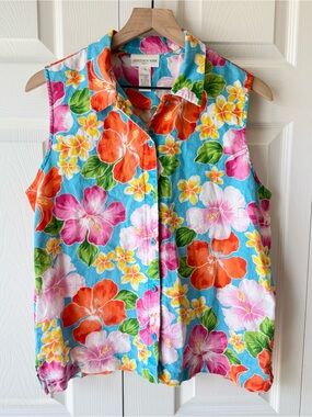 Jones New York Sleeveless Linen Button Up Boxy Top Size 12 Resort Tiki Hawaiian